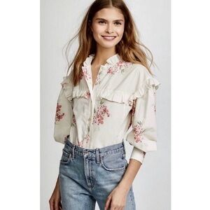 Rebecca Taylor Cream and Pink Floral Blouse Ruffles Bell Sleeves 100%Cotton